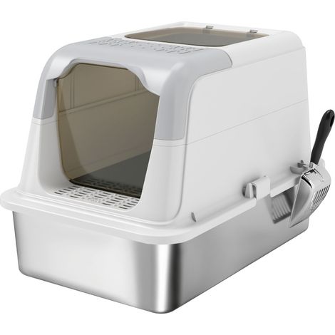 Litière pour chat avec couvercle et entrée frontale, sortie par le haut en acier inoxydable, pelle et tapis anti-débris, facile à nettoyer, 15 kg, blanche  CHICFURN (1/5)