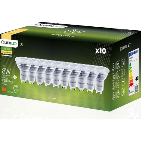 10 bombillas LED GU10 tipo foco PAR16 de 8W = 80W, 650lm, 3000K, luz cálida, regulable a 36°, LUMILED