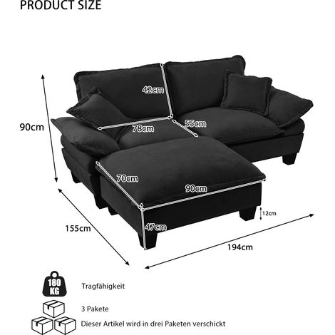 Canapé d'angle modulable Cloud voilier pouf amovible 2 coussins revêtement chenille noir
