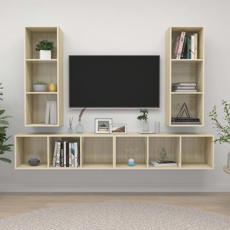 4 pcs Meubles TV muraux, Banc TV, Meuble TV suspendu, Lowboard Chêne sonoma Aggloméré YHJ78831 (1/5)