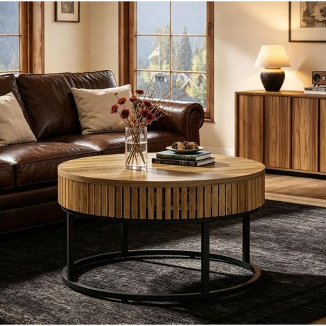 Table basse ronde Ø 80 cm noire et marron, en MDF et métal (1/5)