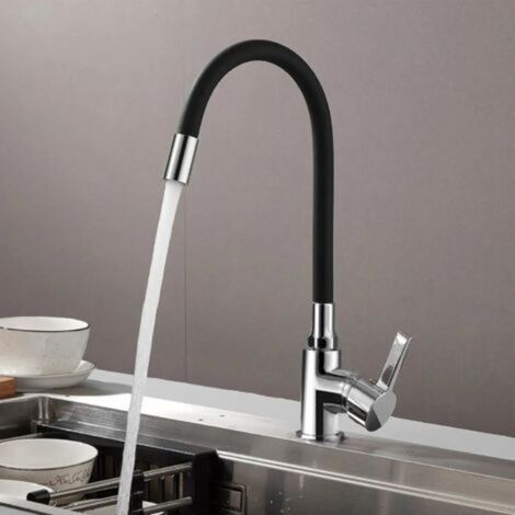 Flexible Küchenarmatur, hoher, frei schwenkbarer Auslauf, flexibler Spülbeckenmischer aus Messing und Einloch-Spülbeckenarmatur für Warm- und Kaltwasser, Schwarz