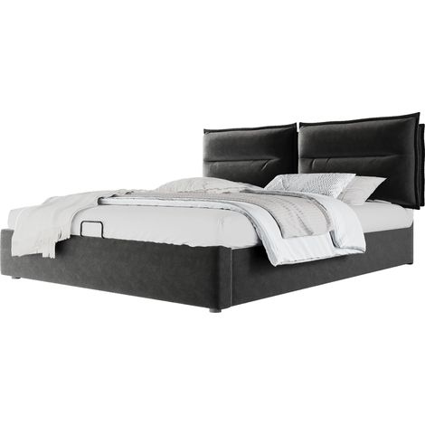 Lit double hydraulique 140x200, tête relevable, sommier métallique à lattes, velours capitonné, cadre moderne avec coffre de rangement spacieux, noir (sans matelas) (1/5)