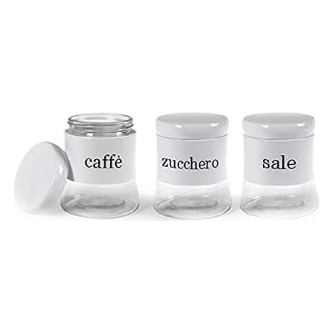 Set 3 Barattoli da Cucina in Vetro Bianco Sale Zucchero Caffè 750 ml