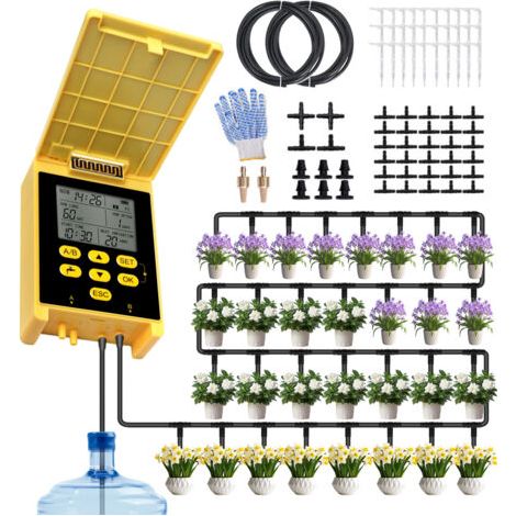 Système d'arrosage solaire automatique à double pompe et filtre, kit d'irrigation goutte à goutte adapté à 30 plantes sur une surface de 15 mètres. (1/5)