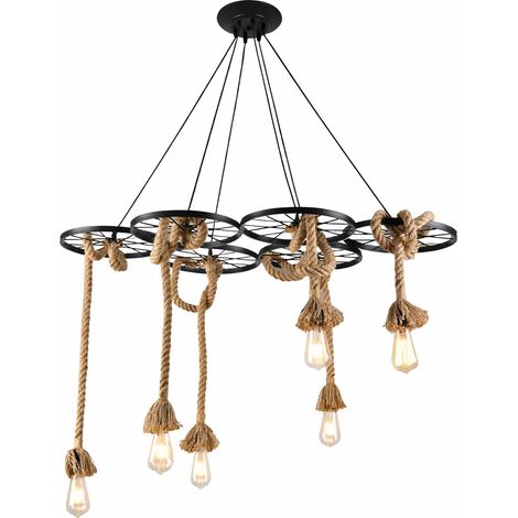 Lampadario Rustico Industriale a Sospensione 6 Luci con Corde in Canapa Attacco E27 Struttura in Metallo Nero Stile Vintage per Soggiorno Sala da Pranzo Locale