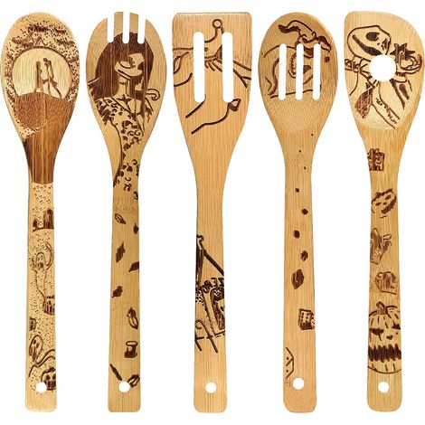 Lot de 5 cuillères en bois motif Halloween, cuillères à fente antiadhésives en bambou pour cadeau de crémaillère (1/5)