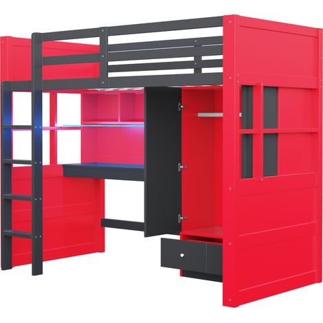 Hochbett 90 x 200 cm mit Treppe, Schreibtisch, Kleiderschrank und Schubladen, Holz, Schwarz und Rot (1/5)