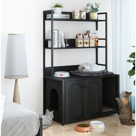 Katzentoiletten-Schrank mit Aufbewahrungsregal und 2 Türen, Kratzbrett, Schwarz (1/5)