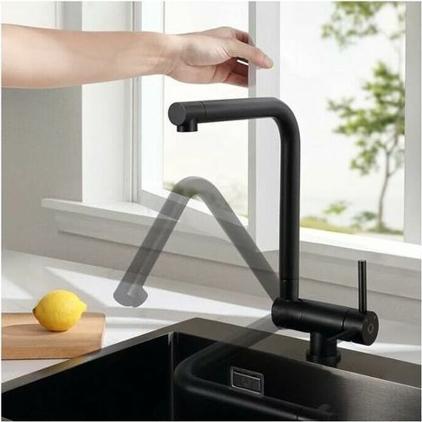 Robinet Cuisine Noir, Mitigeur Cuisine Rabattable Sous Fenêtre, Flexible Robinet Noir Pliable à 90°/Rotatif à 360°/Bec Pivotant à 360°, Robinet de Cuisine en Acier Inoxydable, YN05-B - Noir (1/5)