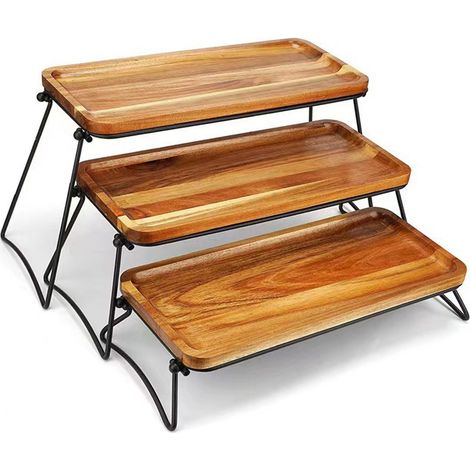 Présentoir à 3 étages en bois, grand plateau de service pour apéritifs, amuse-gueules, coupes de fruits et gâteaux, aspect bois. (1/5)