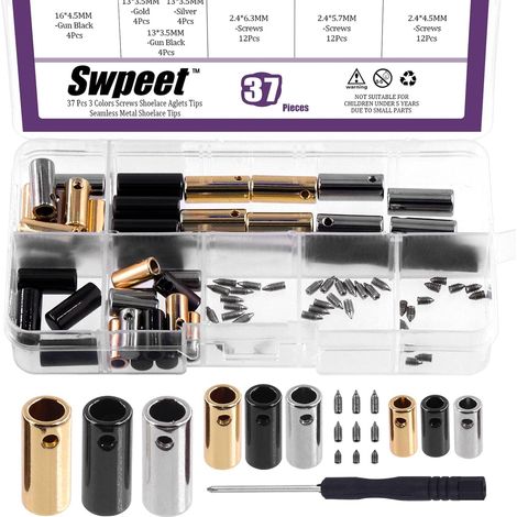 Set of 36 round alloy aglets with screws and screwdriver, 3 colors, 13 mm, 16 mm, 18 mm, metal shoelace heads (1/5)