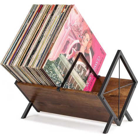 1 Schallplattenregal, Platz für 80 Schallplatten, Eisenrahmen und braune Platte, verstellbare Trennwand, für Alben und Bücher (1/5)