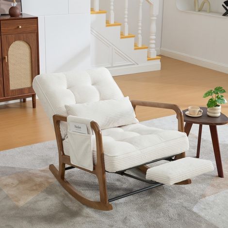 Fauteuil à bascule 70x80x92 cm - avec repose-pieds escamotable, dossier inclinable et coussin lombaire en velours côtelé - Beige (1/5)