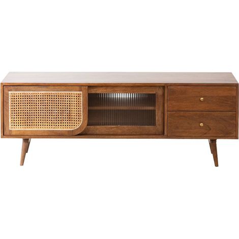 Made In Meubles – Meuble TV vintage en bois de manguier – 50 cm de hauteur – 140 cm de largeur – 2 portes coulissantes en cannage (1/5)