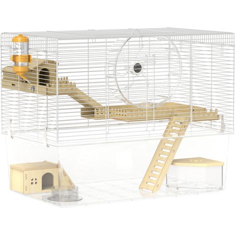 Cage à hamster à 3 étages avec roue d'exercice et bac transparent profond, 59 x 35,5 x 47 cm, blanche (1/5)
