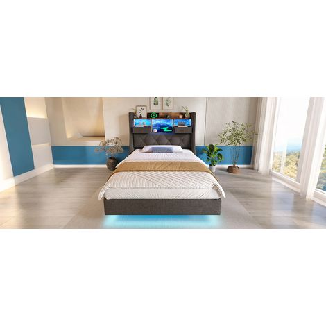 MEUBLIV Polsterbett 90x200 cm Leinen Grau mit LED und Ladestation, ohne Matratze (1/5)