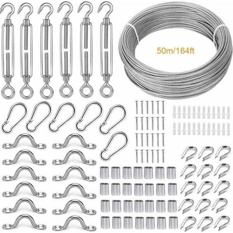 Lntyq – Corde en acier inoxydable 50m x 2mm – Revêtement PVC – 6 tendeurs M5 et accessoires – Pour garde-corps et éclairages suspendus