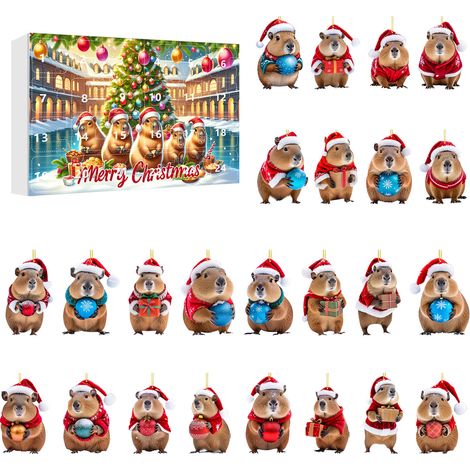 Calendrier de l'Avent avec décorations capybara - 24 pièces - 24 décorations de Noël capybara en acrylique 2D à suspendre - Décoration pour sapin de Noël - Cadeau de Noël pour les amoureux des capybar (1/5)