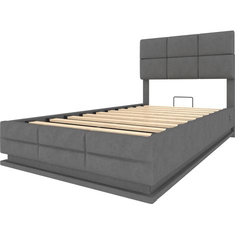 Letto imbottito 90x200 cm in velluto grigio con LED, USB/Type-C e vano contenitore (1/5)