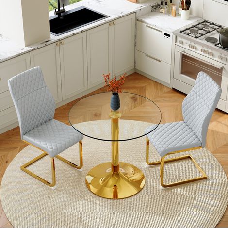 Conjunto mesa comedor redonda cristal y 2 sillas OKMYHOME (1/5)