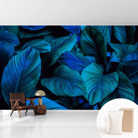 Newroom Tapete Dekorative Vliestapete mit Kleber Modern für Wohnzimmer Schlafzimmer Blaue Blätter 416x254 cm (1/5)