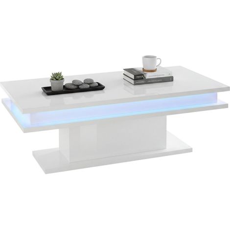 Dmora - Wohnzimmertisch Dgandin, Niedriger Couchtisch, Zeitungsständer, 100 % Made in Italy, cm 100x55h42, glänzendes Weiß mit LED-Licht