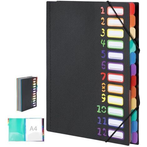 Trieur 12 Compartiments A4, 180° Lay-Flat Open Trieur Document, Classeur Rangement Documents avec bande élastique, Organiseur A4 noir avec étiquettes Rainbow Label, idéal pour bureau et école (1/5)