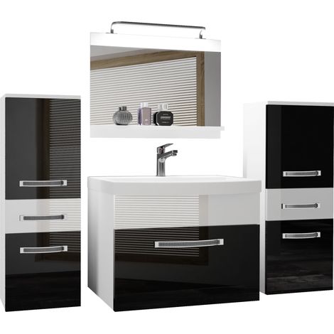 BELINI Meuble de Salle de Bain Lavabo Inclus, Meuble sous-Vasque, Miroir et 2X Cabinet Largeur: 140 cm Kit d'éclairage Inclus Couleur : Noir très Brillant/Blanc très Brillant (1/5)