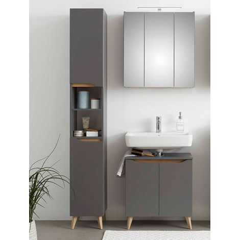 Badmöbel Set mit Füßen in Holzoptik QENA-66 in Quarzgrau Matt Touch mit Riviera Eiche Nb., B/H/T ca. 110/190/33 cm (1/5)