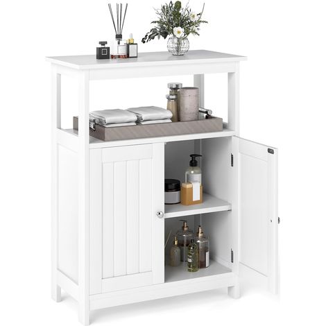 GOPLUS Meuble Salle de Bain, Armoire Salle de Bain au Sol avec Double Portes, Plateau Grand, 2 Compartiments Ouverts, Étagère Réglable à 3 Niveaux, Moderne pour Entrée, Salon (Blanc) (1/5)