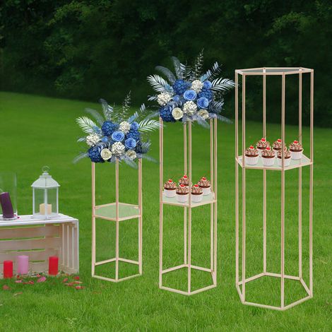 Présentoir à fleurs doré à deux niveaux pour mariage, lot de 3 présentoirs à fleurs en métal pour la décoration de mariage (1/5)