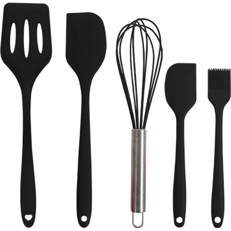Set di 5 utensili da cucina in gomma siliconica (raschietto piccolo + raschietto grande + frusta per uova + spatola antigoccia + pennello piccolo per olio) Nero