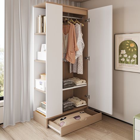 Kleiderschrank 7040170cm, Eintürige Ausführung, mit Einlegeböden und Schubladen,Naturholzfarbe + Weiß (Alte SKU: LDB00308AAN) (1/5)
