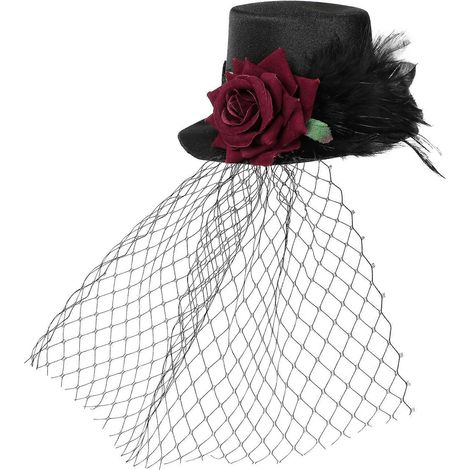 Chapeau vintage en maille à plumes et roses rouges pour adultes (garçons et filles), décoration pour fête d'Halloween (noir) (1/5)