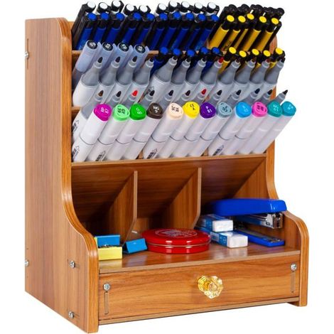 Organisateur de bureau multifonctionnel en bois avec tiroir 20x15x25 cm (1/4)