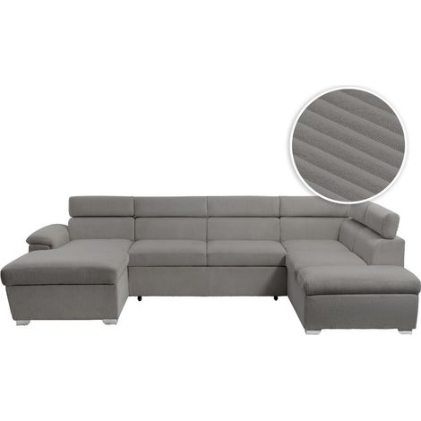 Canapé panoramique PAOLA 6 places convertible avec 2 coffres en velours côtelé gris