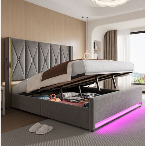 Bett Doppelbett Stauraum 180x200 Samt mit USB LED OKMYHOME (1/5)