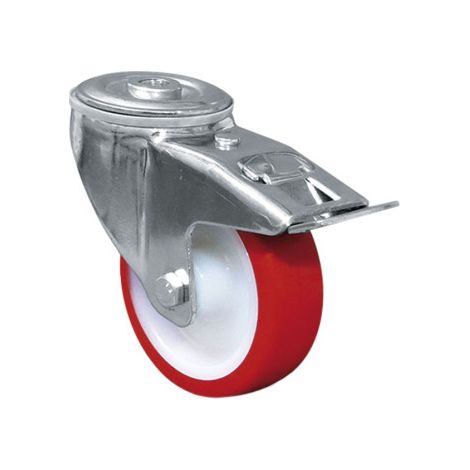 Rueda de poliuretano con agujero pasante, freno y giratoria con cojinete liso                 Ø100 x 30mm Torn 13mm Freno 127mm Alto 124mm 120kg