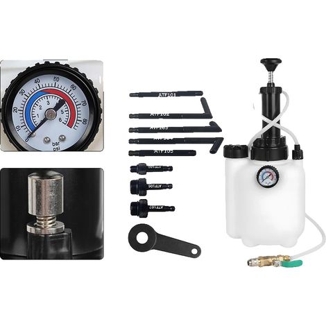 Sistema de llenado de aceite para transmisión manual, capacidad de 3 litros, manómetro de presión de 0 a 85 PSI, incluye 8 adaptadores, construcción duradera, diseño fácil de usar. (1/5)