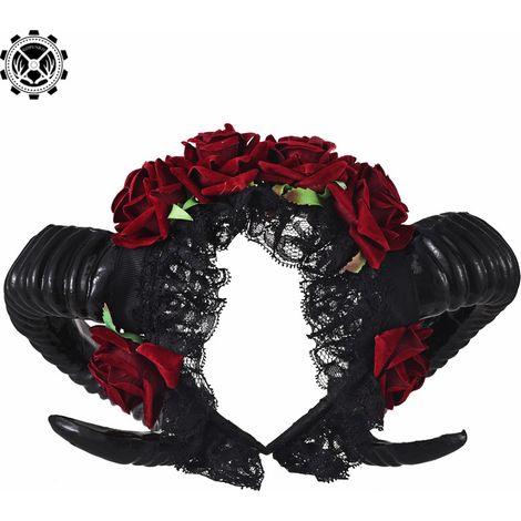 Halloween, Noël, serre-tête corne de bélier et rose, séance photo sur le thème sombre, serre-tête en dentelle corne de bélier, accessoire de coiffure pour spectacle, cosplay (1/5)