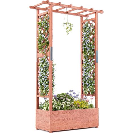 LEDANDER Carré potager surélevé en bois avec treillage – Jardinière avec supports latéraux, auvent et trous de drainage – Idéal pour plantes grimpantes, vignes et fleurs – 110 x 44 x 182 cm (1/5)