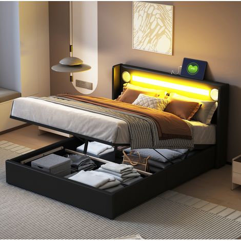 Letto con contenitore in PU nero 140x200 cm con LED, Bluetooth, USB e rete a doghe inclusa (1/5)