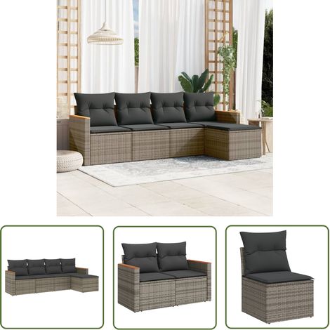 The Living Store Salon de jardin 5 pcs avec coussins gris résine tressée - Ensemble Salon De Jardin - Mobilier Extérieur - Canapé D'extérieur - Chaise Longue - Table Basse (1/5)