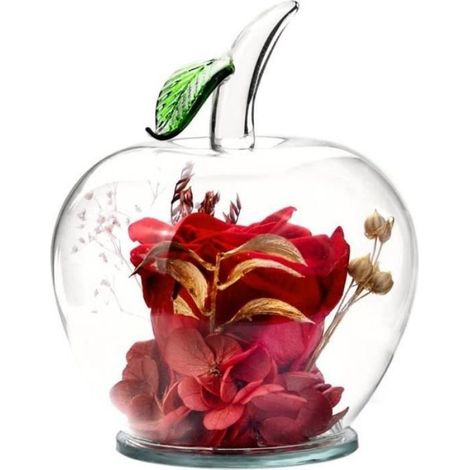 Fleur préservée - - Rose rouge - Verre en forme de pomme - Cadeau idéal pour femme - Amour éternel