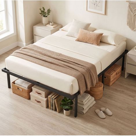 Estructura de cama 140x200 cm de metal negro, con espacio de almacenamiento bajo la cama y gran estabilidad (1/5)