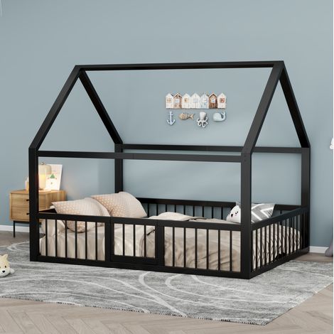 Lit enfant maison toit 140x200 métal noir sécurisé OKMYHOME (1/5)