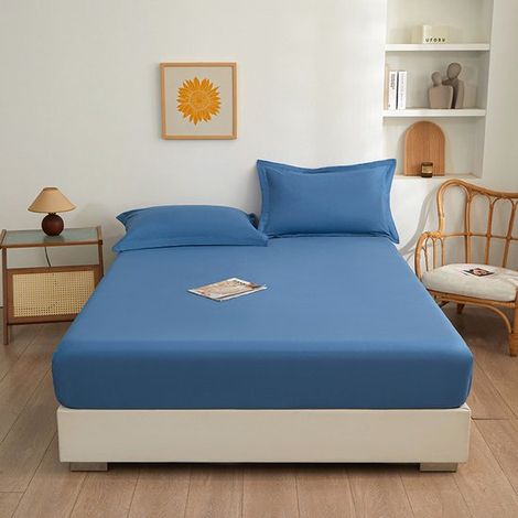 Ensemble 3 pièces : drap-housse lavable uni tendance, protège-matelas intégral anti-poussière avec élastique (disponible en plusieurs couleurs et tailles) - bleu foncé - 180 x 220 cm (1/4)