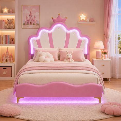 Lit double enfant 140x190cm avec sommier à lattes, Lit enfant princesse avec tête de lit couronne, LED, cadre de lit surélevé, velours rose