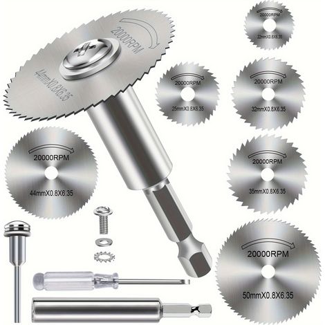7 Pièces Disques de Coupe pour Perceuse, HSS Lames de Perceuse à Disque avec (60mm) tige Hexagonale 1/4", Mini Lames de Scie Circulaire pour Bois, Plastique et Métal (1/5)